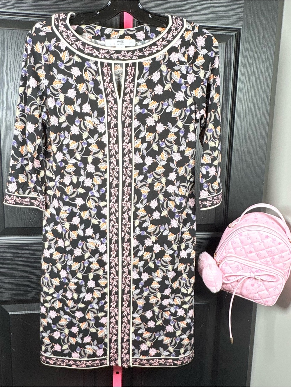Wisp Black/orange Floral Midi Dress with Pink Trim
